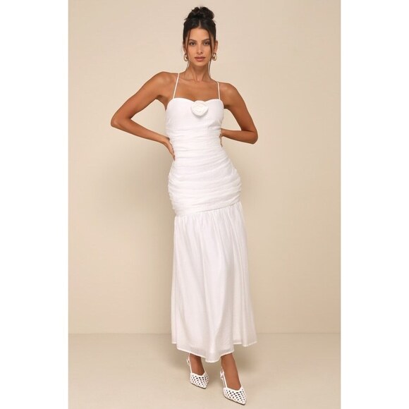 Lulus Dream Elegance White Ruched Rosette Drop Waist Maxi Dress - Size L - Picture 1 of 3